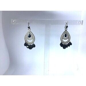 Silver tone chandelier earrings with black beads